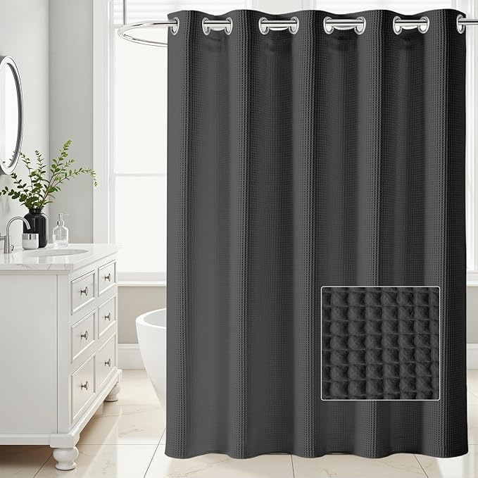 River Dream Extra-Long Waffle Weave Shower Curtain with Snap-in Liner,Cotton Blend Fabric Heavy Duty,No Hooks Needed Shower Curtain for Bathroom,Hotel Quality Shower Curtain Set, Black,71x86 inches