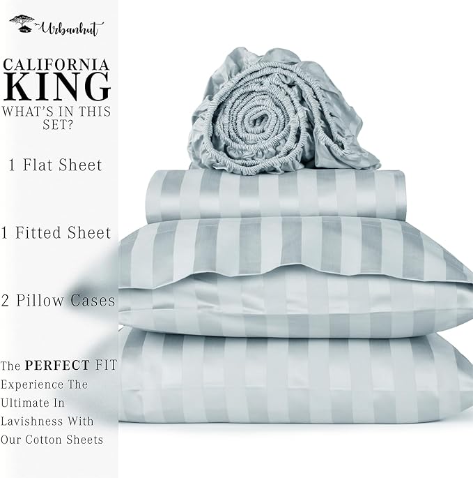 URBANHUT 1000 Thread Count Damask Striped California King Sheet Set Egyptian Cotton, Long Staple Soft & Breathable, 4 Pc Bed Sheet Sets, Luxury Hotel Sateen Sheets Fits 16" Deep Pocket - Light Blue