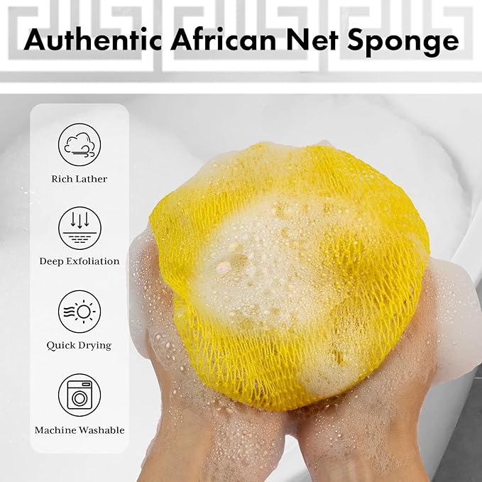 African Net Sponge Authentic with Handles (Set of 2), African Exfoliating Net Sponge, Exfoliating Body Scrubber Bath Sponge - Bathing Accessories with Storage Bag (Rose & Bright Yellow)