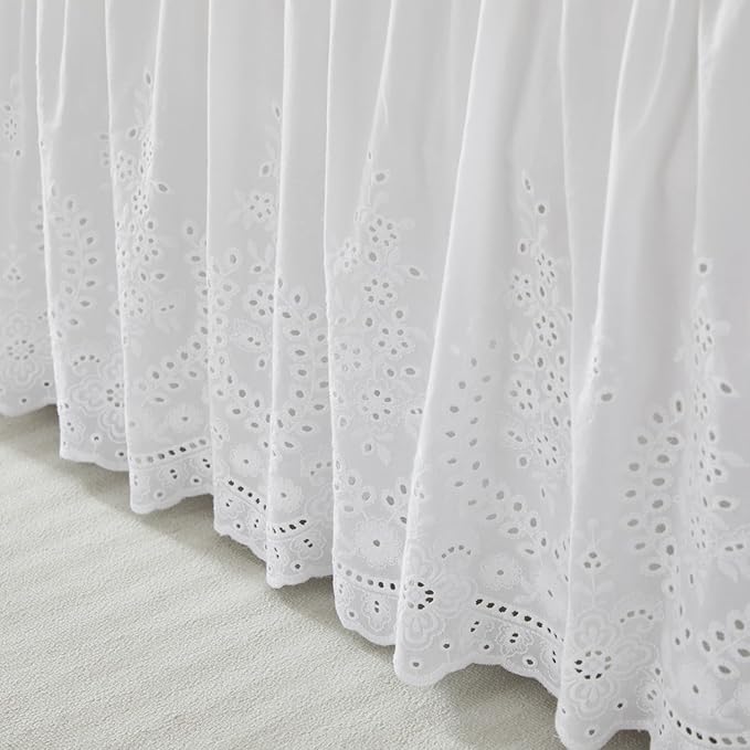 Brandream White Eyelet Bed Skirt Queen Size 100% Cotton Ruffled Dust Ruffle Bed Skirt 18 Inch Drop with Embroidered Floral Design Queen Size Beds