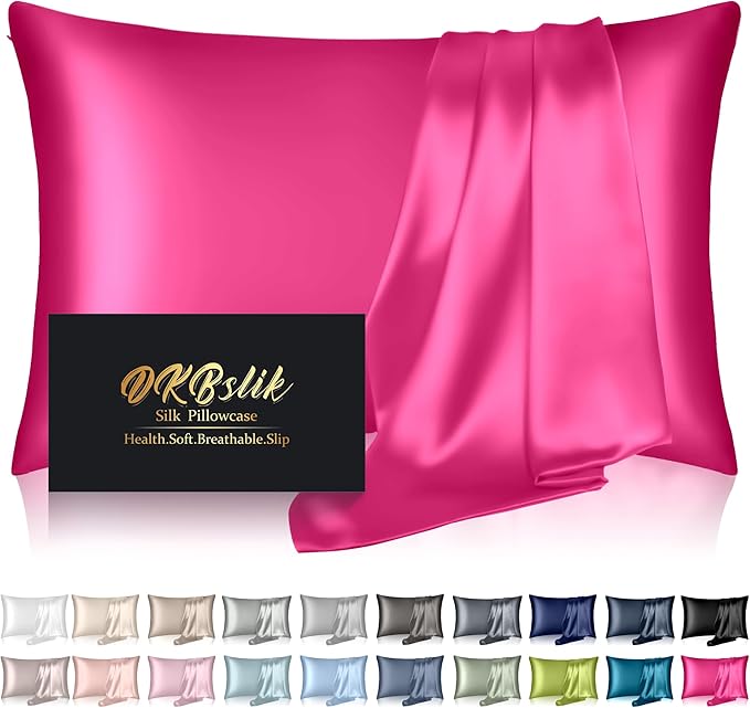 Silk Pillowcase for Hair and Skin, Mulberry Silk Pillow Cases King Size, Anti Acne Cooling Sleep Both Sides Natural Silk Satin Pillow Case Covers with Hidden Zipper, Gifts for Women Men, Hot Pink