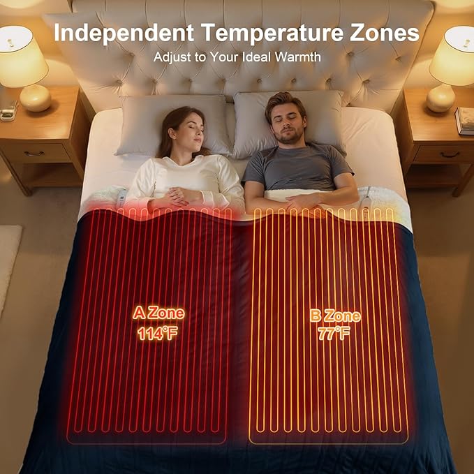 Heated Blanket King Size - Dual Control King Electric Blanket with 5 Heat Settings, 10 Hrs Auto Off for Bed, ETL Certified, Washable Flannel Sherpa Heating Blankets 100" x 90", Navy