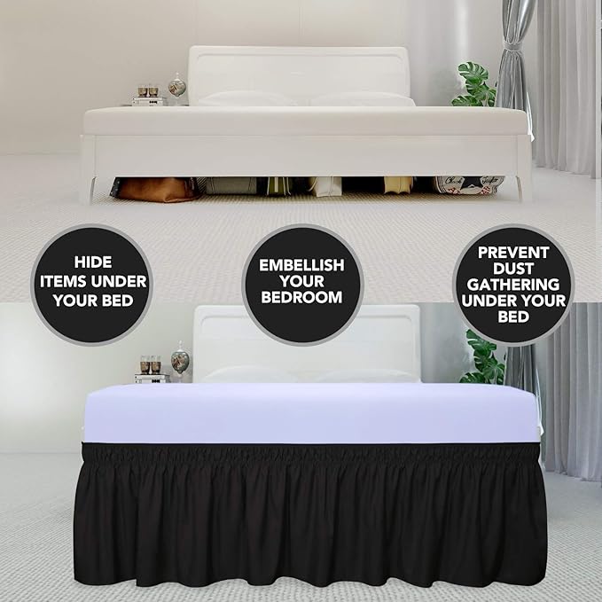 PureFit Wrap Around Ruffled Bed Skirt with Adjustable Elastic Belt - 22 Inch Drop Easy to Put On, Wrinkle Free Bedskirt Dust Ruffles, Bed Frame Cover for Twin, Twin XL and Full Size Beds, Black