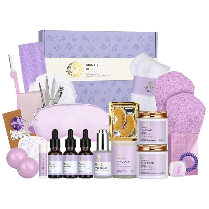 Skin Care Set for Women, 28Pcs Skin Care Kit includes Face Cream, Essential Oil, Scented Candle, Lavender Scented, Spa Birthday Gifts for Women, Mother's Day Gift