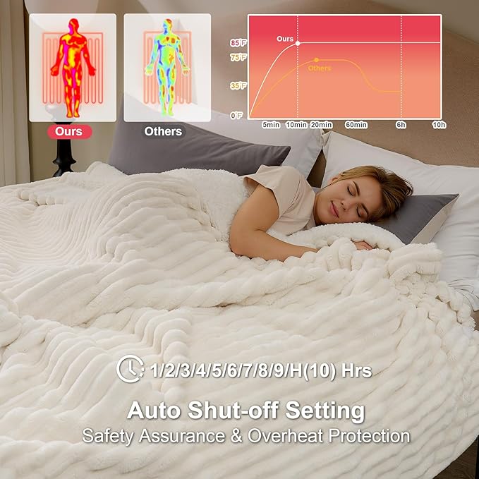 Hansleep Heated Blanket King Size Electric Throw Dual Control, Heating Blanket with 9 Heating Levels and 10-Hour Timer Auto Shut Off, Washable Soft Warm Winter Blanket, 90 x 100 Inches, Beige