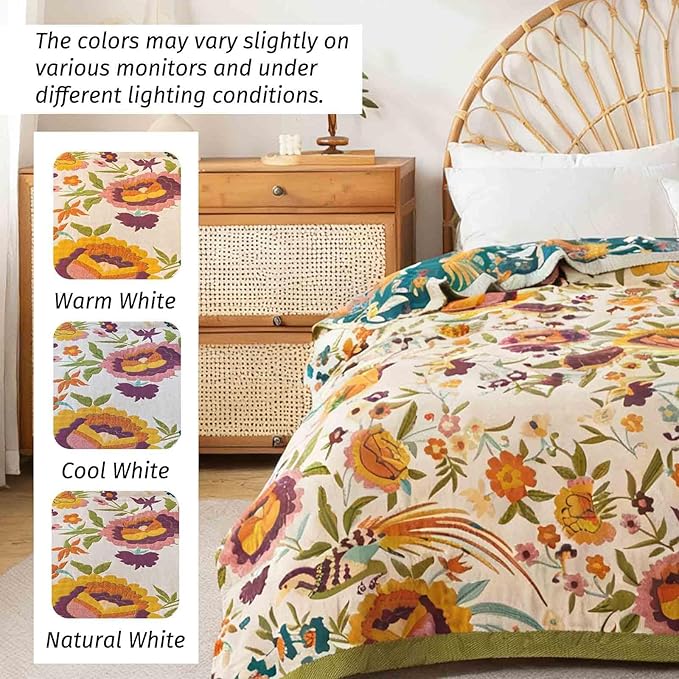 Qidordour Boho Throw Blanket, 60"x80" Muslin Blankets, 100% Organic Cotton Blanket for Couch Sofa, Lightweight Quilt, All Season Bed Throw, Farmhouse Home Decor, C-Phoenix Floral