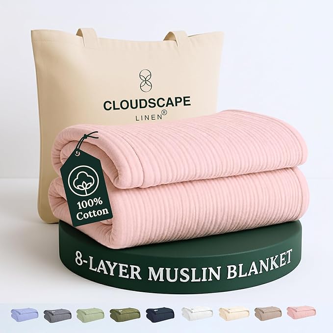 Cloud Scape Linen 8-Layer Muslin Blanket King Size for Adult - 100% Cotton, Breathable and Soft, Perfect Winter Cozy Blanket, Fits up to California King Bed, 92x108, Seashell Pink