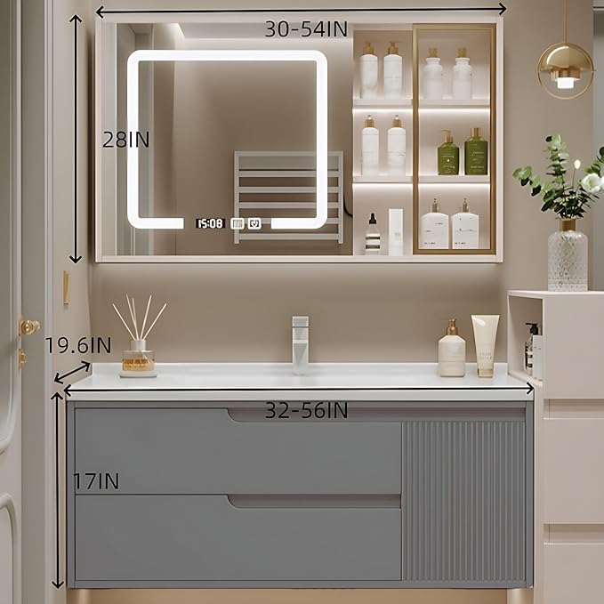 Cream Grey Sophisticated Bathroom Vanity - Bathroom Vanity with Smart Storage & Mirror Cabinet, Defogging, LED Light | Wall-Mounted Bathroom Storage Cabinet & Bathroom Vanity with Sink (Grey, 44IN)