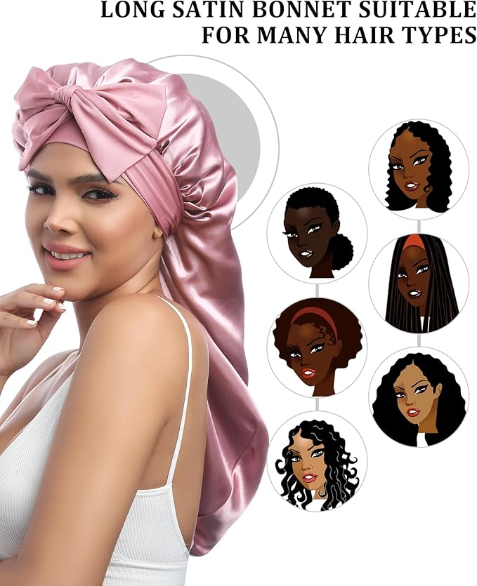 AWAYTR Long Satin Bonnet for Sleeping - Double Layer Reversible Silk Bonnet for Long Hair Women Sleeping Cap with Tie Band