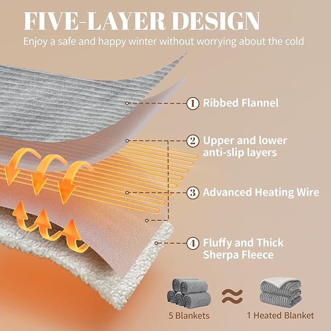 Electric Heated Blanket Queen Size Dual Control - 84"x90" Fast Heating Bed Blankets with 6 Heating Levels & 10 Hours Auto Off, Soft Ribbed Flannel, Over-Heat Protection ETL, Light Gray