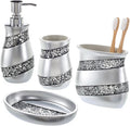 Creative Scents Silver Bathroom Accessory Set - Mosaic Glass Bathroom Soap Dispenser Set; 4-Piece Bathroom Set Includes: Lotion Dispenser, Toothbrush Holder, Tumbler & Soap Dish - Gift Packaged