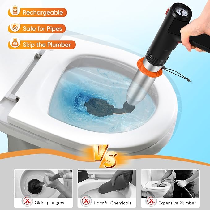 Electric Toilet Plunger, Drain Unclogger Plungers High Pressure Air Drain Blaster with Drain Auger, Splash-free Plungers for Bathroom, Plumbing Snake for Toilet, Clog Remover Heavy Duty(Black)