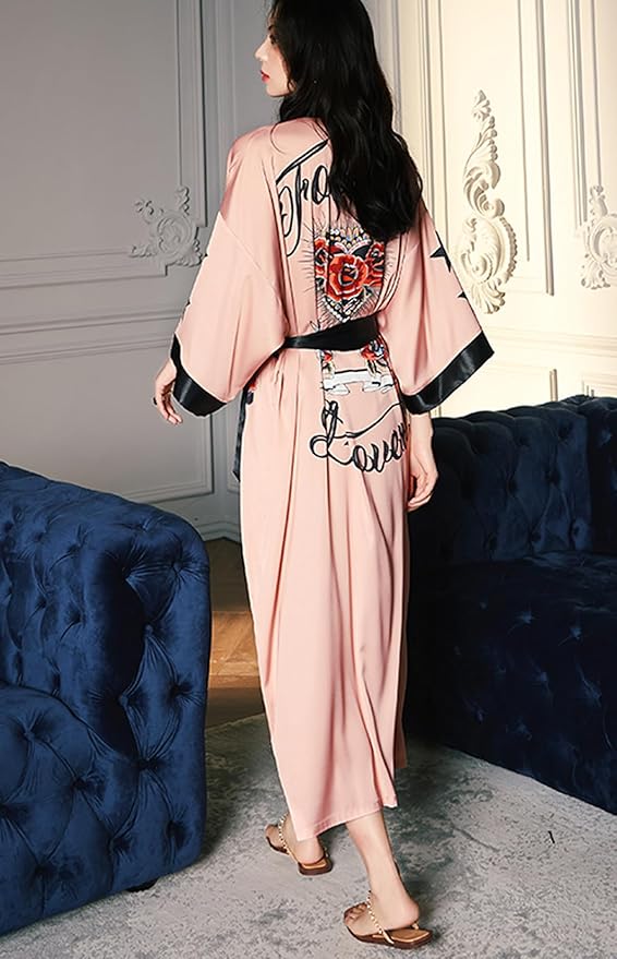 Silk Satin Robe for Women Long Japanese Kimono Robe Lightweight Soft Bathrobe Floral Luxury Dressing Gown