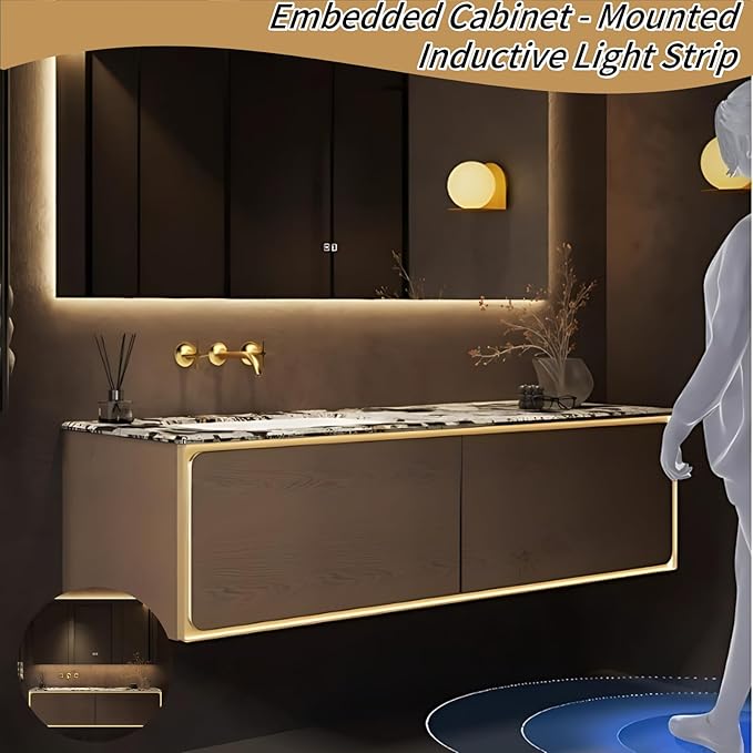 52IN Bathroom Vanity Set with a Single Sink - Embedded Sensor Light Strip & Large Capacity Floating Cabinet | Modern Bathroom Vanities with Defogging Mirror Surface & LED Lighting (Mirror)