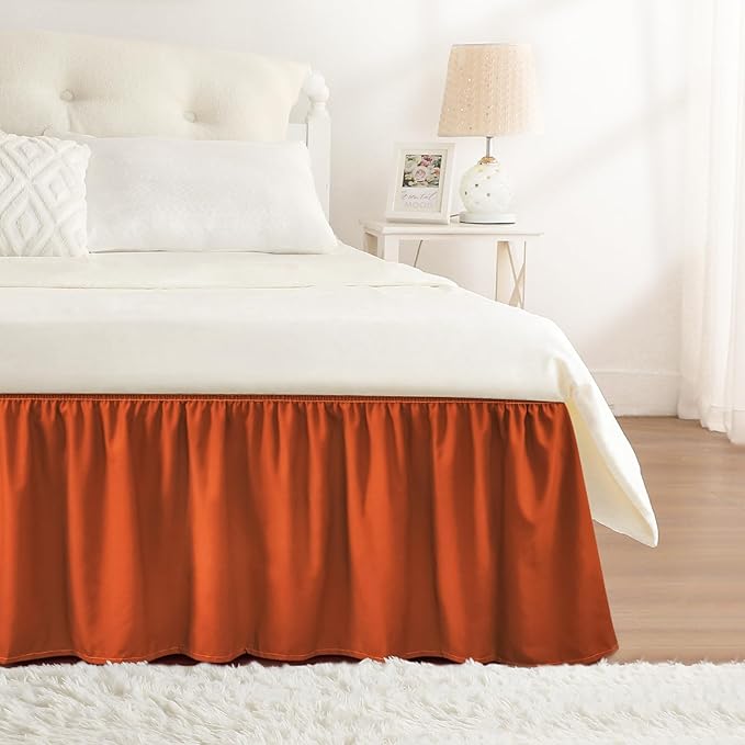 RIMELA Orange Yellow Bed Skirt Queen 15 Inch Drop, Elastic Bed Skirts Queen Size Dust Ruffle, Bedskirt for Adjustable Bed Base, Wrinkle & Fade Resistant Silky Luxurious Fabric Easy to Install