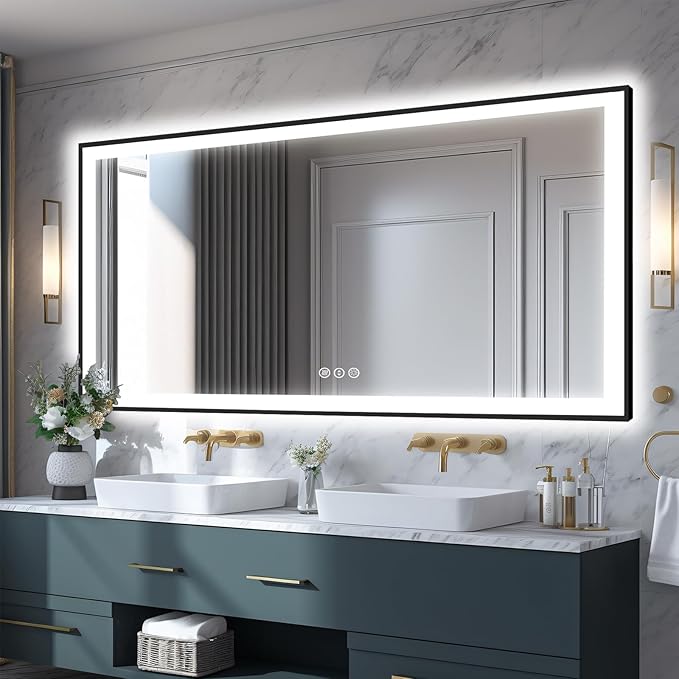 Large 84x40 Light Up Bathroom Mirror - Black Aluminum Edge (Front and Backlit), Anti-Fog Vanity Mirror with Stepless Dimmable Lights, 3 Colors Smart Mirror