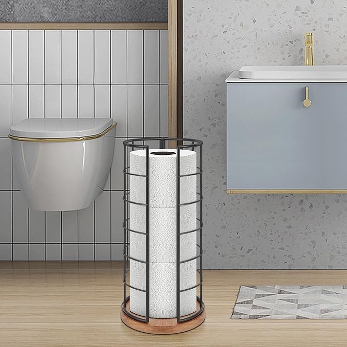 NearMoon Toilet Paper Organizer Stand, Freestanding 3 Rolls Tissue Storage, Metal Bathroom Accessory, Rustproof Toilet Roll Holder for Kitchen Countertop Inside Cabinet Shelf(Wooden Base, Matte Black)
