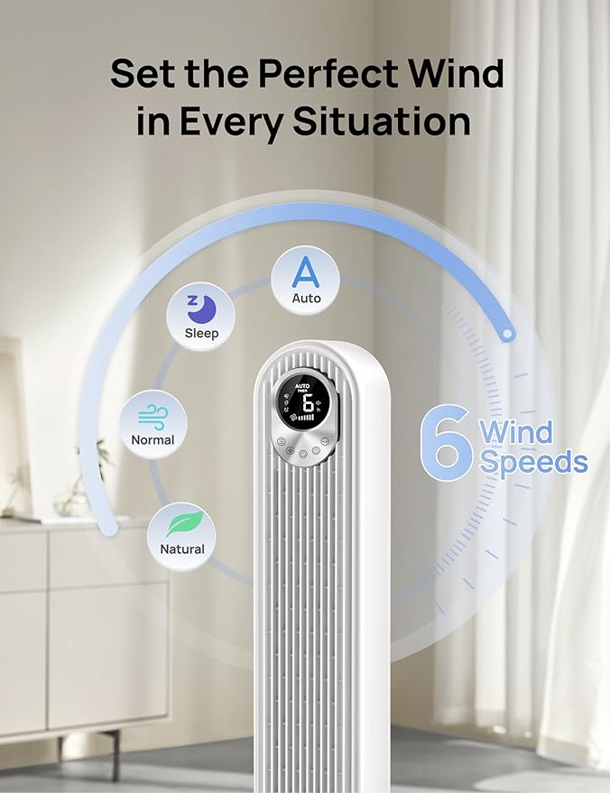 Dreo Tower Fan 42 Inch, Cruiser Pro T1 Quiet Oscillating Bladeless Fan with Remote, 6 Speeds, 4 Modes, LED Display, 12H Timer, White Floor Standing Fan Powerful for Indoor Home Bedroom Office Room