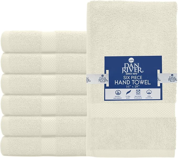 DAN RIVER 6-Pack Premium Hand Towels (16x28 Inches) - 100% Cotton, Ultra Soft, Lightweight, Highly Absorbent Towels for Bathroom, Spa, Gym, Salon, Hotel, and Travel - 550 GSM – Ivory