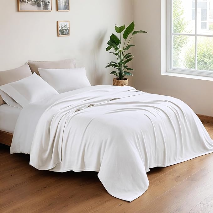 Twin Size Blanket, 70% Rayon (Derived from Bamboo) and 30% Cotton, Lightweight Jacquard Weave, Breathable and Soft Summer Blanket for Bed or Couch, 66” x 90”, White