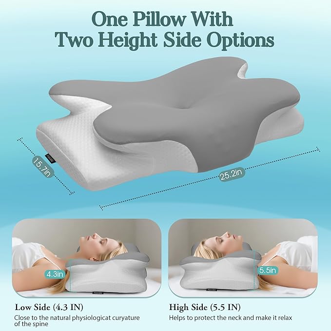 Cervical Neck Pillow for Sleeping,Memory Foam Pillows for Neck Pain Relief,Ergonomic Neck Support Contour Pillow for Side Back Stomach Sleepers,Orthopedic Breathable Pillowcase(Light Grey)