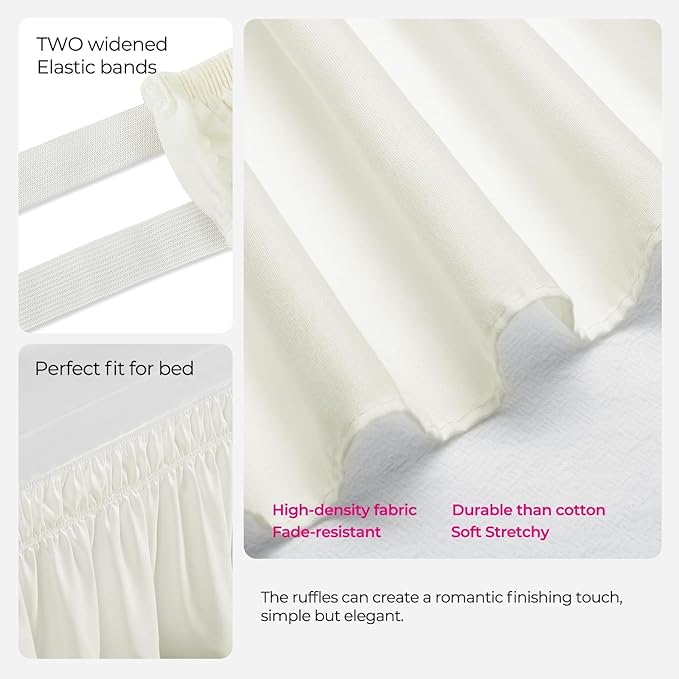 RIMELA Dorm Bed Skirt Twin XL 42 Inch Drop, Easy to Install Extra Long Wrap Around Elastic Dust Ruffle, Ivory White Bedskirt Silky Fabric Machine Washable (Twin XL 80“L x 39”W & Twin 75“L x 39”W)