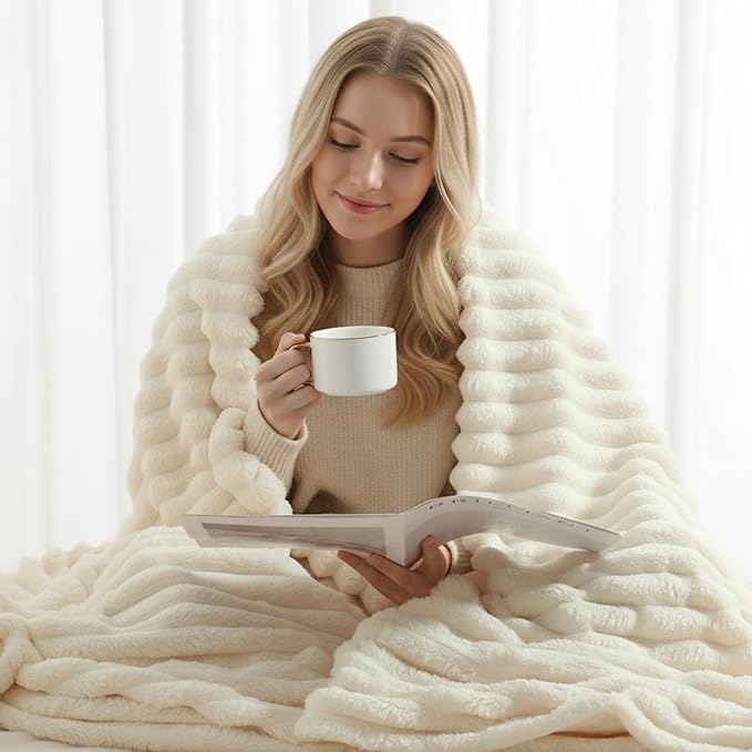 decorUhome Christmas Soft Fleece Cream White Twin Blanket for Bed, Cozy Fluffy Plush Flannel Striped Throws for Couch Sofa, Lightweight Decorative Ribbed Fuzzy Blanket for Woman, 60x80 Inches