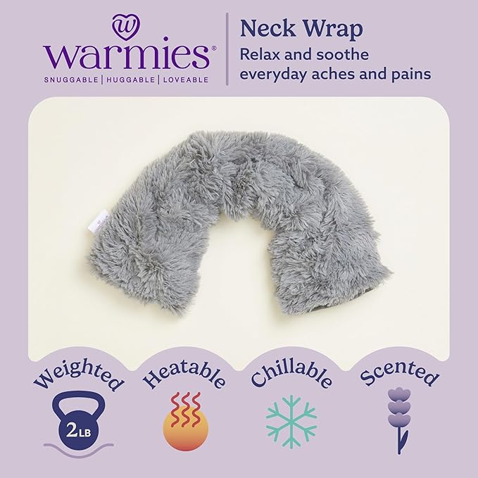 warmies Microwavable Neck & Shoulder Wrap - Heating & Cooling Plush Pad for Calming Relaxation - Weighted & Heated Neck Warmer with Scented Lavender - Microwave Heat Pad for Aches & Pain - Gray