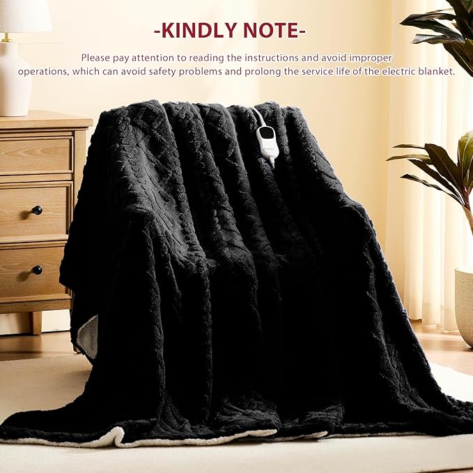 Heated Electric Blanket Twin Size-62"x84" Heating Blanket with 10 Heating Levels & 5 Time Settings Over-Heat Protection，Winter Warmer for Adults with ETL Certification（Black）