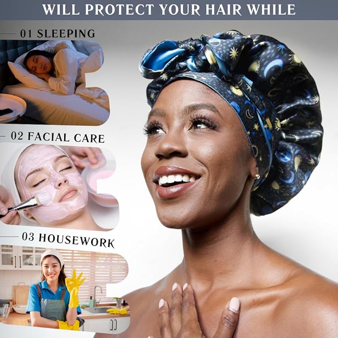 100% Mulberry Silk Bonnet for Sleeping Women, Handmade in USA 19 Momme Double Layer Reversible Silk Hair Wrap with Adjustable Ties, Non-Slip Sleep Cap for Curly & Natural Hair (sun and Moon)
