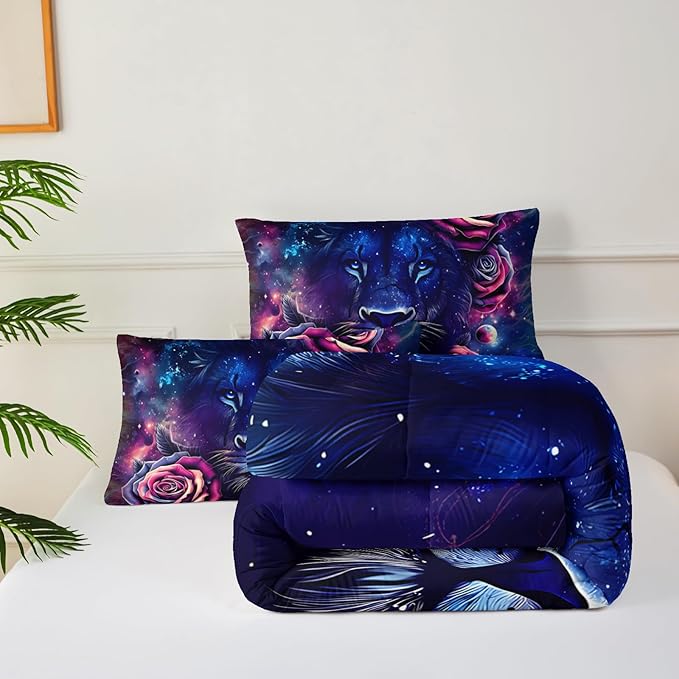 Black and Red Galaxy Roses Lion Comforter Set Queen Size，Queen Size Bedding Set Animal Print，Jungle Animal Bedroom Decor，with 1 Comforter with 2 Pillow Case