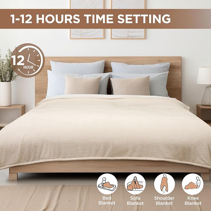 Westinghouse Electric Blanket Full, Flower Jacquard Heated Blanket Full Size with 10 Heating Levels and 1-12 Hours Auto-Off, Flannel to Sherpa Reversible, Machine Washable (72" x 84", Beige)