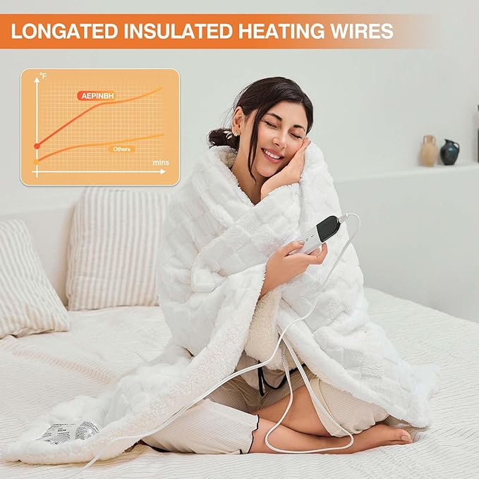 Electric Blanket Throw - Soft Checked Flannel with 6 Heating Levels, 4 Hours Auto-Off, Fast Heating, ETL & FCC Certified, 50"x60", Overheating Protection, Cozy Heated Blanket Throw（White）
