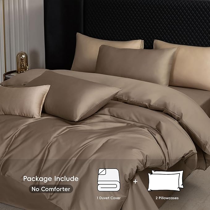 MooMee Duvet Cover Set 100% Extra Long Staple Cotton 600 Thread Count Silky Sateen Smooth Luxury Soft Breathable Durable Hotel Quality Bedding, 3 Pieces (Mocha Brown, King 104"x90")