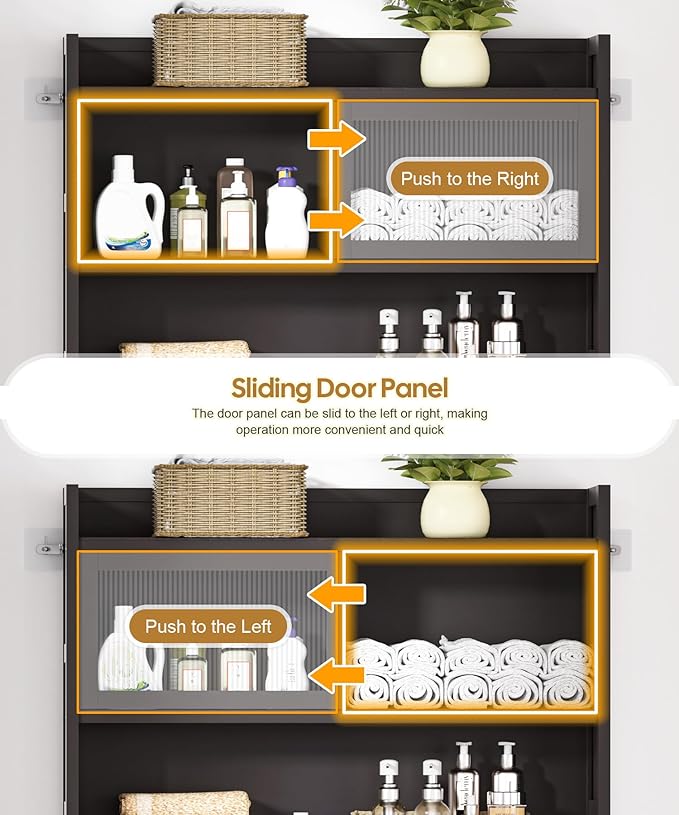 Over The Toilet Storage Cabinet with Acrylic Sliding Door Panel, Bamboo Organizer Shelf with 2 Paper Drawers and 1 Big Drawer,Space Saver Rack for Bathroom (Brown)