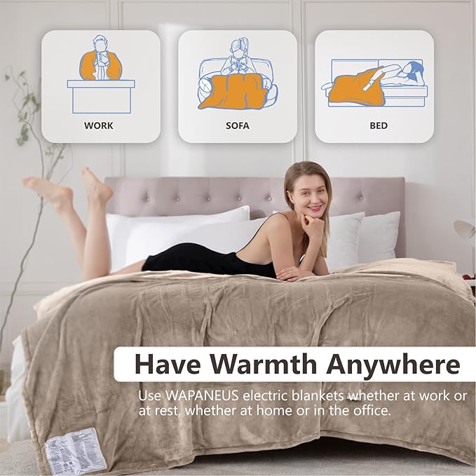 Wapaneus Heated Blanket Electric Blanket 72" x 84" Full Size with 10 Heating Levels and 12 Hours time Settings, Flannel Fast-Heating Electric Blanket, ETL Listed, Machine Washable, Mushroom