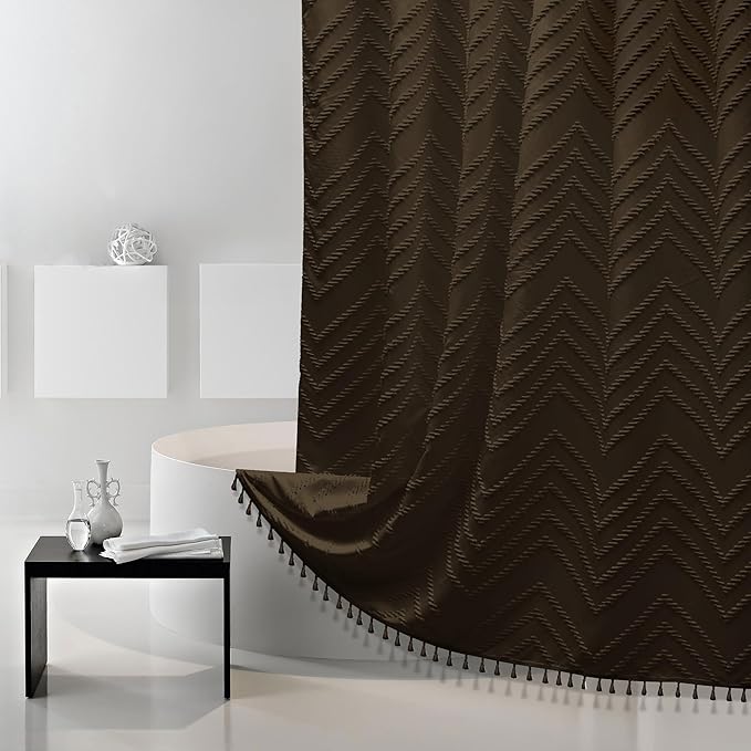 Extra Long Boho Shower Curtain, Woven Fabric 84 in Brown Shower Curtain, 72 x 84, Tufted Chevron Striped Modern Chic Textured Minimalist Bathroom