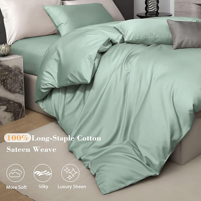 PURE ERA Duvet Cover Set 800 Thread Count Long Staple Cotton Sateen Silky Soft Luxurious Smooth 3 Piece Set Light Sage Green Queen