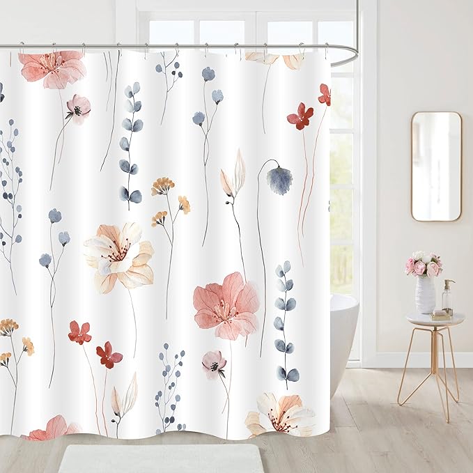 Gibelle Extra Long Shower Curtain 72 x 84, Watercolor Floral Fabric Shower Curtain, Coral Beige Flower Decorative Bathroom Shower Curtain Set with Hooks