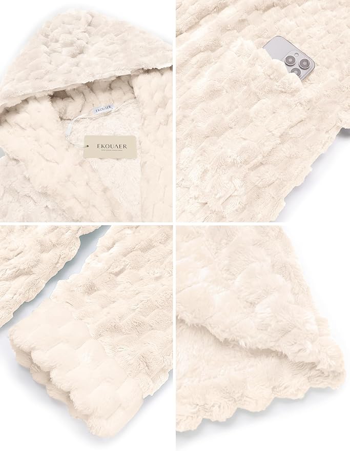 Ekouaer Womens Plush Robes Long Soft Jacquard Fluffy Bathrobe Hooded Robe Sleepwear with Pockets