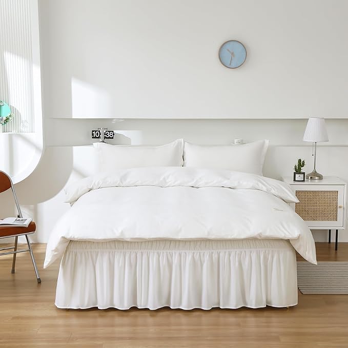 MEILA Wrap Around Bed Skirt Three Fabric Sides Elastic Dust Ruffled 16 Inch Tailored Drop,Easy to Install Fade Resistant-Natural White, Queen/King