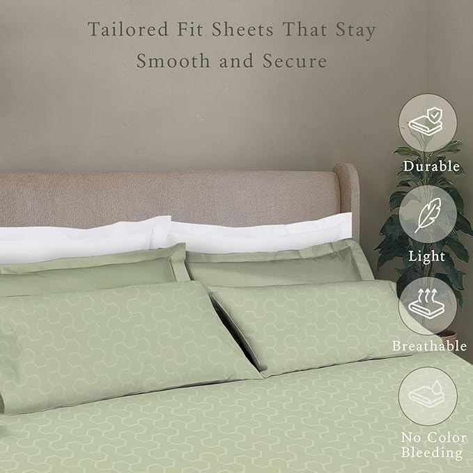 Threadmill 500 Thread Count King Size 4 Pc Luxury Cotton Bed Sheet Set, Jacquard Floria Sage Green, Silky Soft Sheets with 16" Elasticized Deep Pocket, 2 Pillowcases & Free Tote Bag