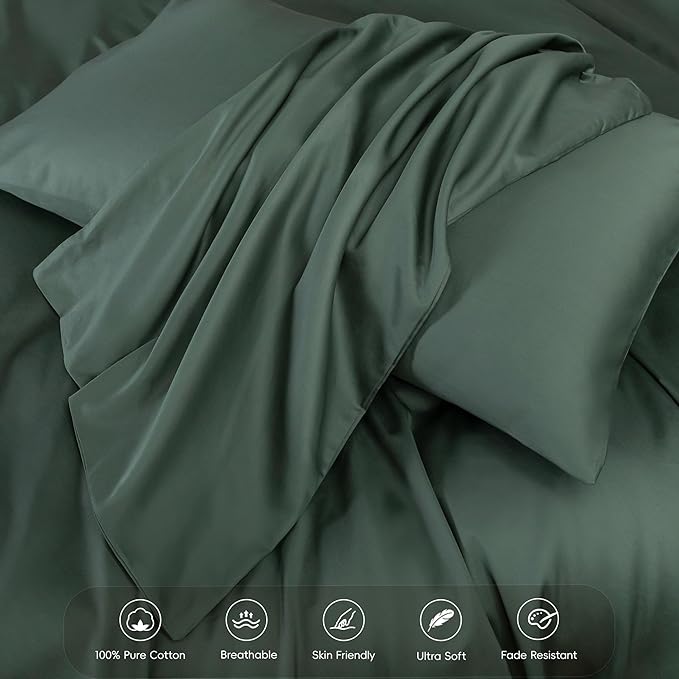 MooMee Duvet Cover Set 100% Extra Long Staple Cotton 600 Thread Count Silky Sateen Smooth Luxury Soft Breathable Durable Hotel Quality Bedding, 3 Pieces (Dark Green, King 104"x90")
