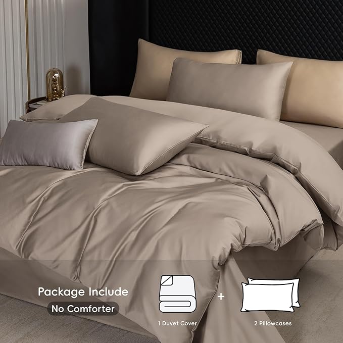 MooMee Duvet Cover Set 100% Extra Long Staple Cotton 600 Thread Count Silky Sateen Smooth Luxury Soft Breathable Durable Hotel Quality Bedding, 3 Pieces (Tannish Gray, Queen 90"x90")
