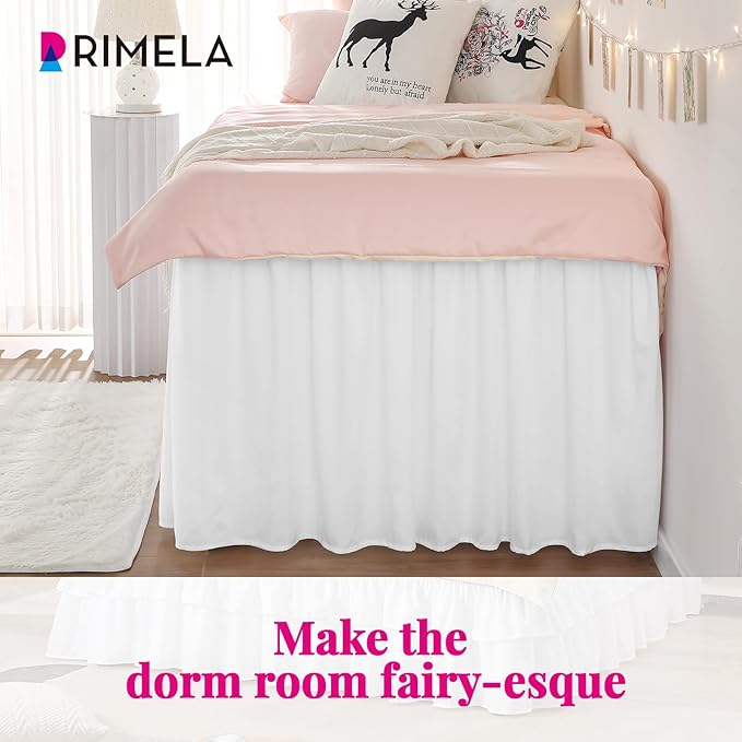 RIMELA Dorm Bed Skirt Twin XL 36 Inch Drop, Easy to Install Extra Long Wrap Around Elastic Dust Ruffle, White Bedskirt Solid Silky Fabric Machine Washable (Twin XL 80“L x 39”W & Twin 75“L x 39”W)