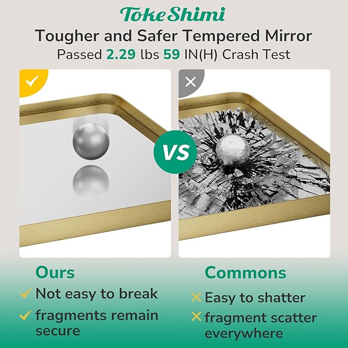TokeShimi 72x36 Brushed Gold Bathroom Mirror,Tempered Glass,Bathroom Wall Mirror with Seamless Aluminum Frame,Modern Bathroom Vanity Mirror Shatterproof(Horizontal/Vertical)