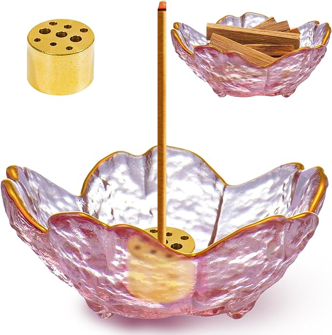 Incense Burner, Incense Holder for Backflow and Sticks Handmade Glass Cherry Blossom Incense Stick Holder with 9 Incense Holes Incense Burner Ash Catcher,for Meditation,Home Decor (with Gilt-Edged)