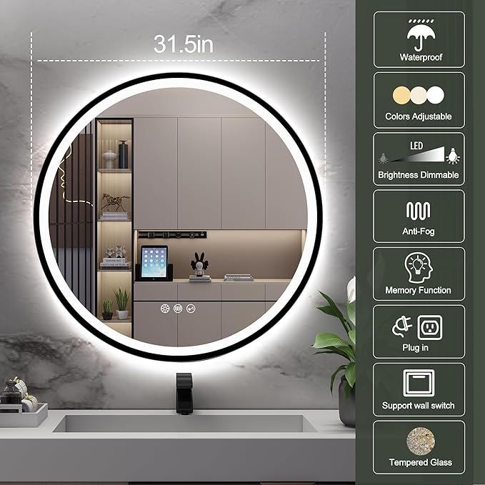 S·BAGNO 32’’ Round Led Bathroom Mirror with Lights, Bathroom Vanity Wall Mirror with Buletooth, Anti-Fog, Stepless Dimmable, 3 Colors, Tempered Glass Lighted Makeup Mirror for Bathroom