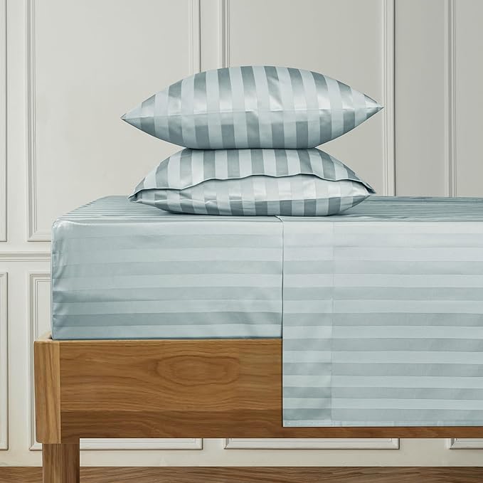 URBANHUT 1000 Thread Count Damask Striped Queen Sheet Set Egyptian Cotton, Long Staple Soft & Breathable, 4 Pcs Bed Sheet Sets, Luxury Hotel Sateen Finish Sheets Fits 16" Deep Pocket - Light Blue