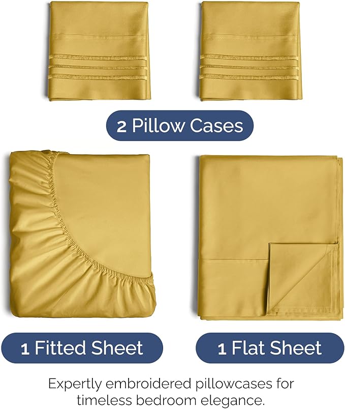 Queen Size 4 Piece Sheet Set - Extra Soft, Breathable & Cooling Sheets - Hotel Luxury Durable Bed Sheets for Women & Men - Deep Pockets, Easy-Fit & Wrinkle-Free Sheets - Mustard Oeko-Tex Bed Sheet Set